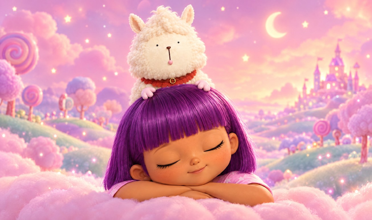 Bonnie fast asleep with Dumpling curled on her head, in Fluffland at twilight