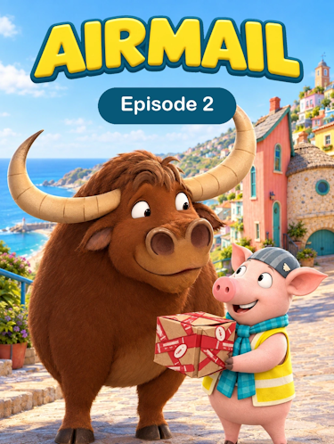 Airmail Episode 2 China Shop Animated Cover. A brown bull sniffs a package Solly the pig is holding.