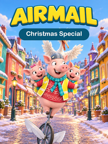 Airmail Christmas Special Solomon Hogg And Father Christmas Cover. Solly the pig is on his flapicycle wearing a red Christmas jumper and reindeer antlers.