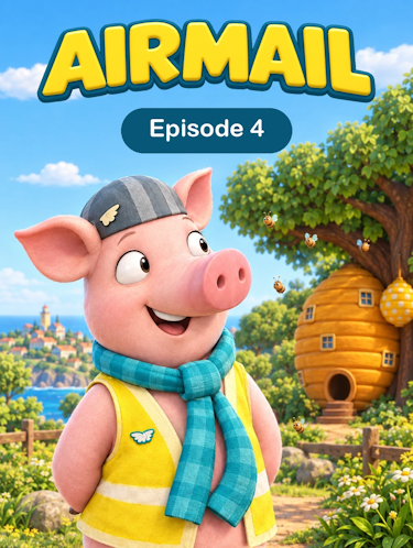 Airmail Episode 4 The Pollen Parcel Animated Cover. Bees are attached to a chair making it float as, Solly the pig watches.