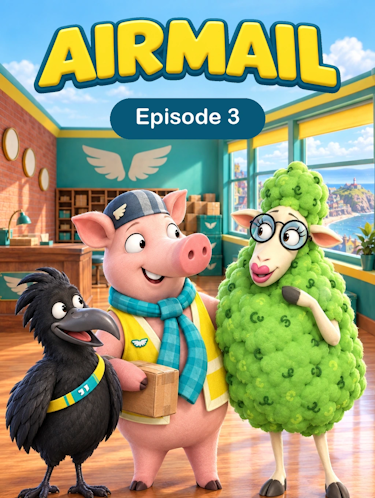Airmail Episode 3 Sheep Salon Animated Cover. Solly shakes a package at a green glowing sheep in glasses.