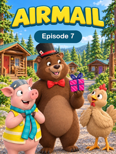 Airmail Episode 7 UnBEARable Animated Cover. A bear in a tip hat catches a present as Solly the pig watches.