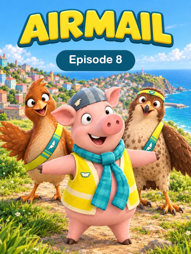 Airmail Episode 8 Flying Squirrel Cape Animated Cover. Solly the pig falls through the air. He is wearing a parachute.