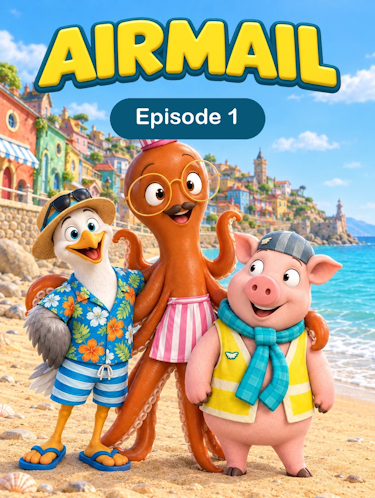 A brown octopus wearing a pink and white apron around his waist and a pink pig wearing a yellow jacket are waving in front of a blue sky with white clouds.
