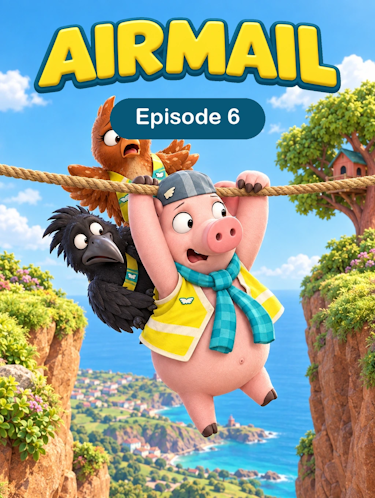 Airmail Episode 6 Tight Rope Animated Cover. Solly hangs off a rope looking scared.